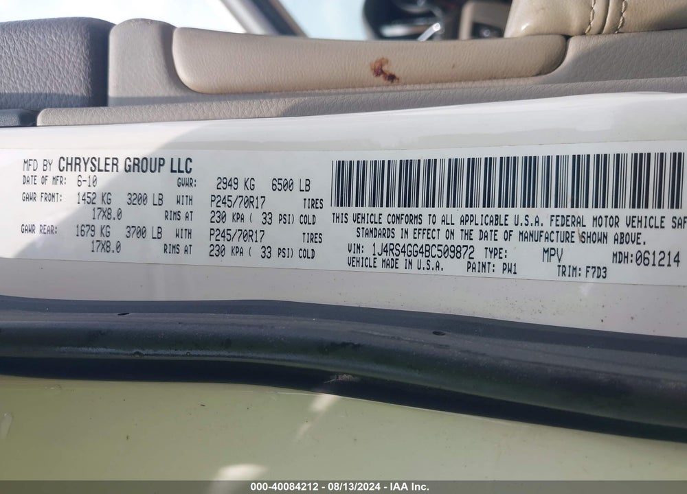 2011 JEEP GRAND CHEROKEE LAREDO VIN: 1J4RS4GG4BC509872