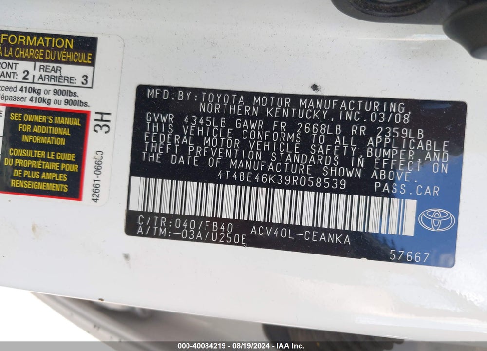 2009 TOYOTA CAMRY LE VIN: 4T4BE46K39R058539