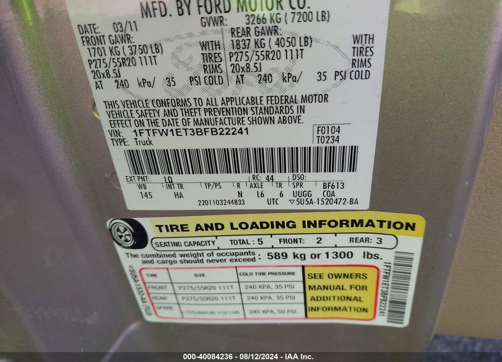 2011 FORD F-150 VIN: 1FTFW1ET3BFB22241
