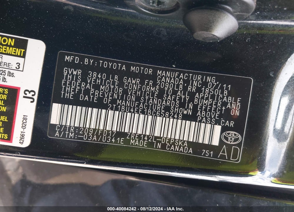 2011 TOYOTA COROLLA S VIN: 2T1BU4EE1BC658248