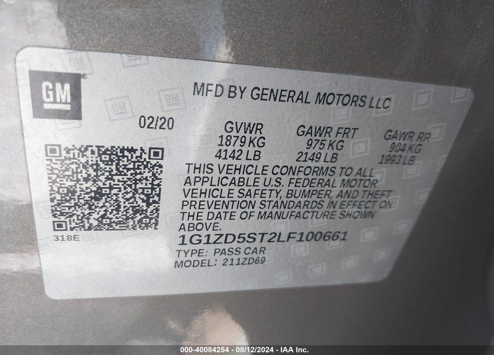 2020 CHEVROLET MALIBU FWD LT VIN: 1G1ZD5ST2LF100661
