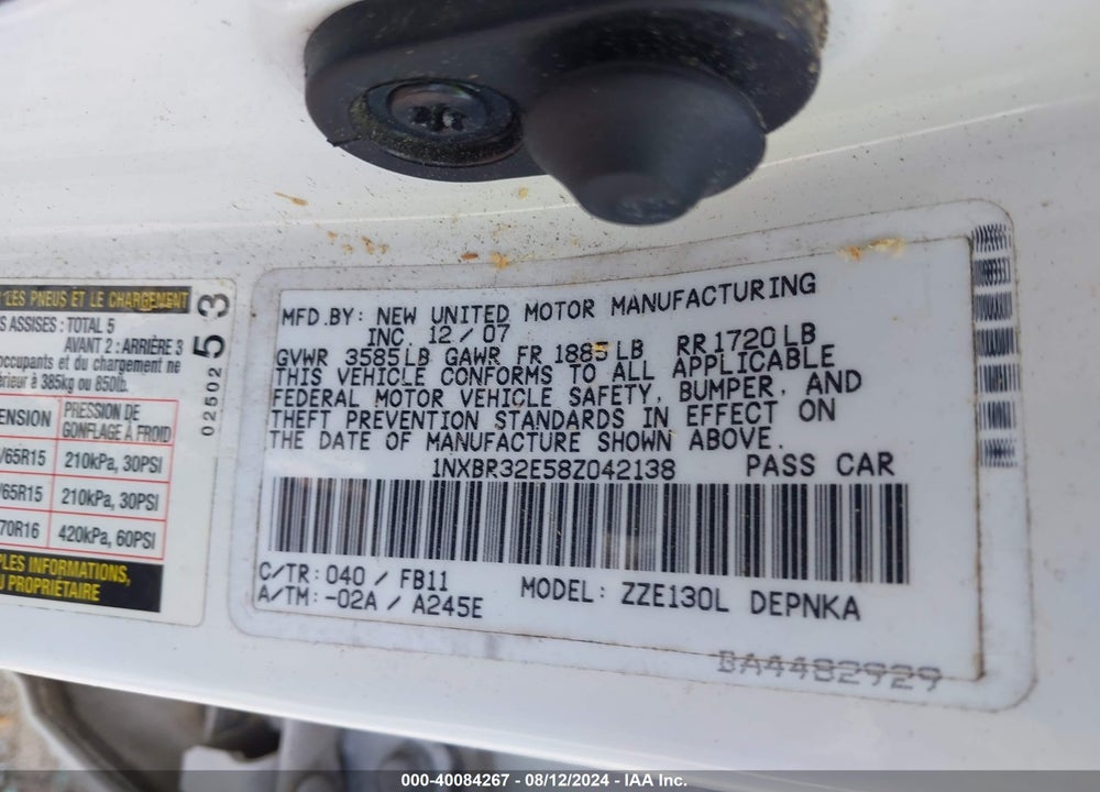 2008 TOYOTA COROLLA LE VIN: 1NXBR32E58Z042138