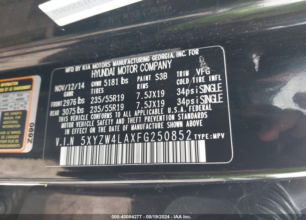 2015 HYUNDAI SANTA FE SPORT 2.0L TURBO VIN: 5XYZW4LAXFG250852
