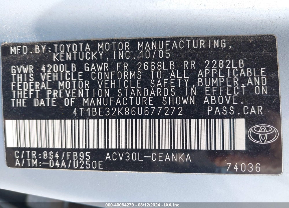 2006 TOYOTA CAMRY LE VIN: 4T1BE32K86U677272