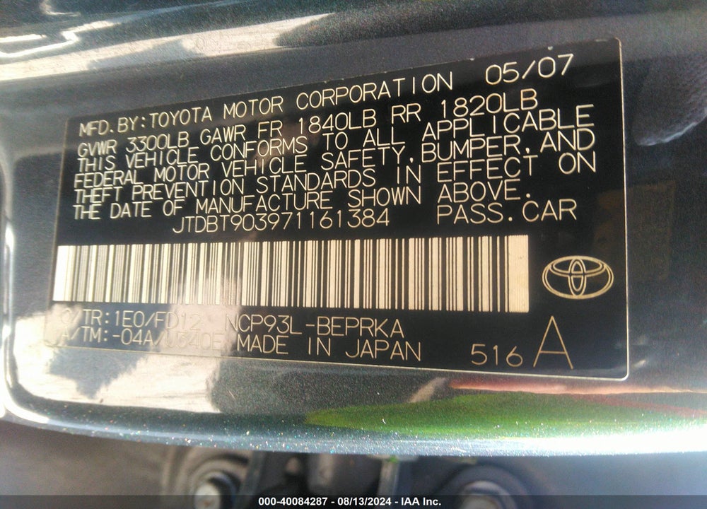 2007 TOYOTA YARIS VIN: JTDBT903971161384