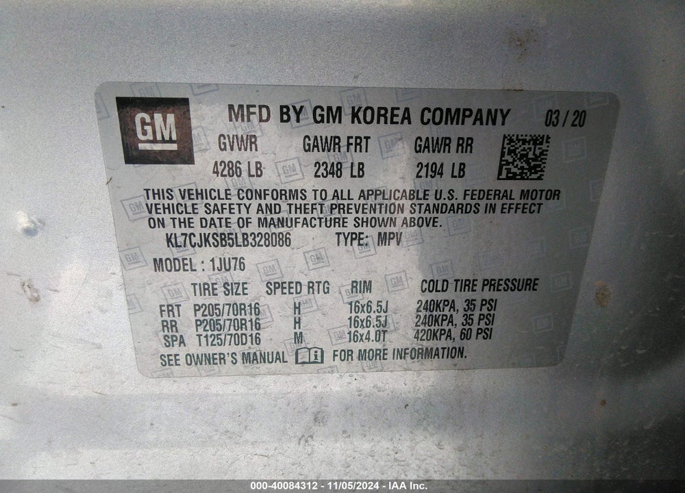 2020 CHEVROLET TRAX FWD LS VIN: KL7CJKSB5LB328086