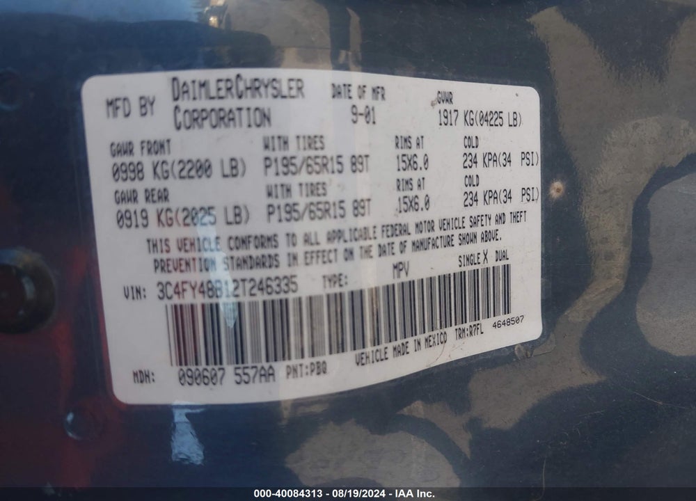 2002 CHRYSLER PT CRUISER VIN: 3C4FY48B12T246335