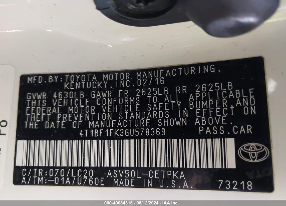 2016 TOYOTA CAMRY XSE VIN: 4T1BF1FK3GU578369