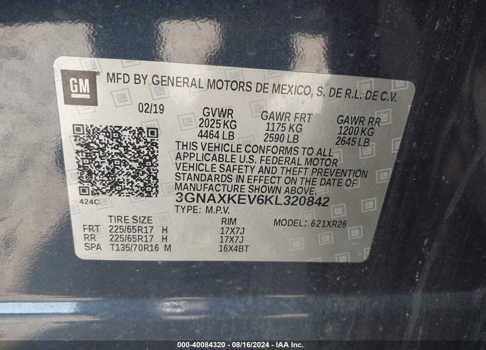 2019 CHEVROLET EQUINOX LT VIN: 3GNAXKEV6KL320842