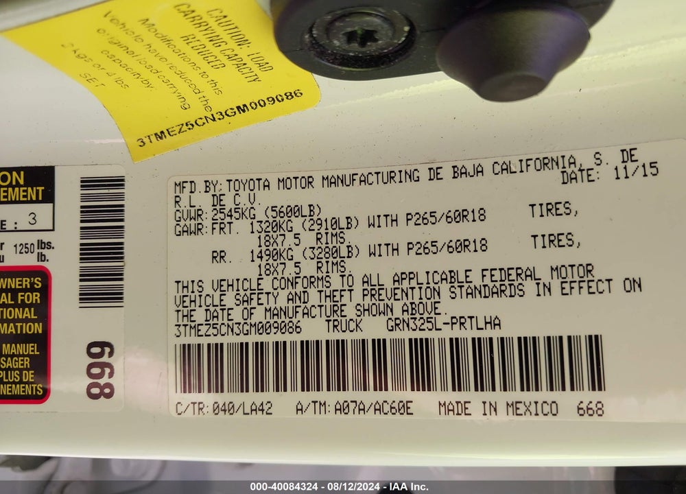2016 TOYOTA TACOMA LIMITED VIN: 3TMEZ5CN3GM009086