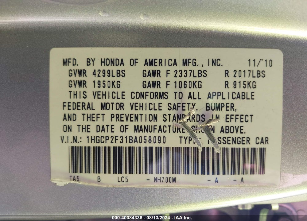 2011 HONDA ACCORD 2.4 LX VIN: 1HGCP2F31BA058090
