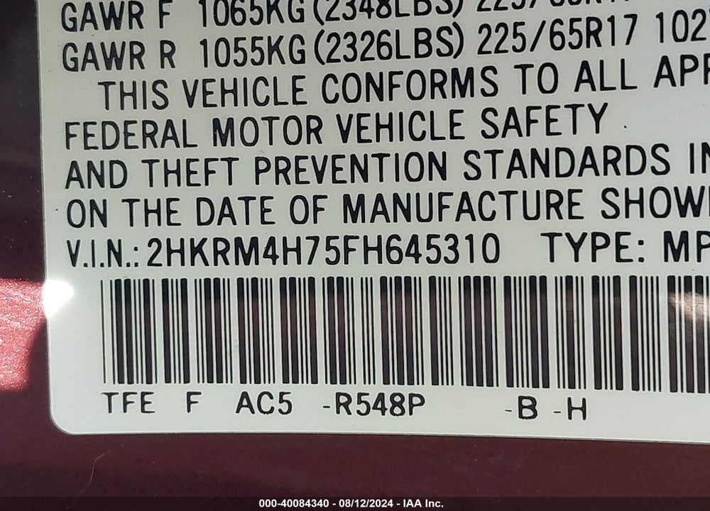 2015 HONDA CR-V EX-L VIN: 2HKRM4H75FH645310
