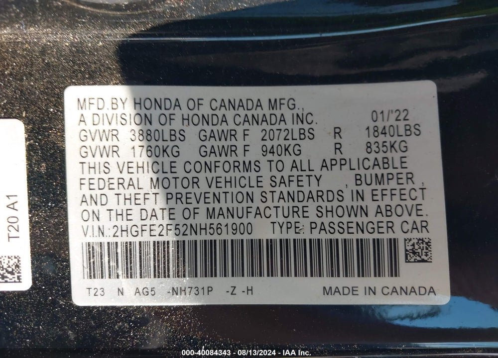 2022 HONDA CIVIC SPORT VIN: 2HGFE2F52NH561900