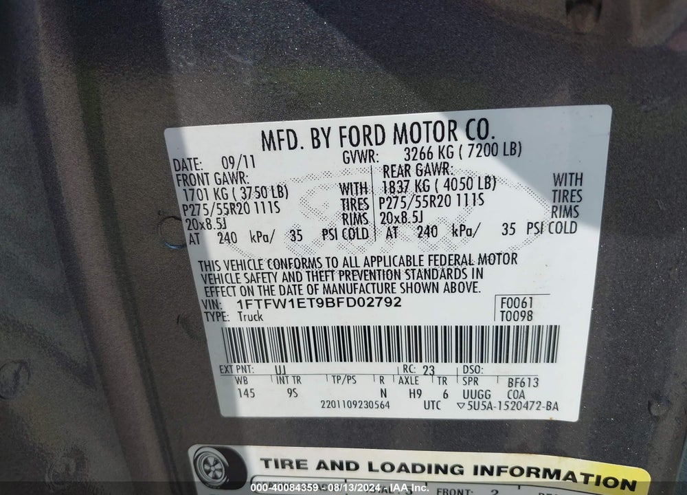 2011 FORD F-150 PLATINUM VIN: 1FTFW1ET9BFD02792