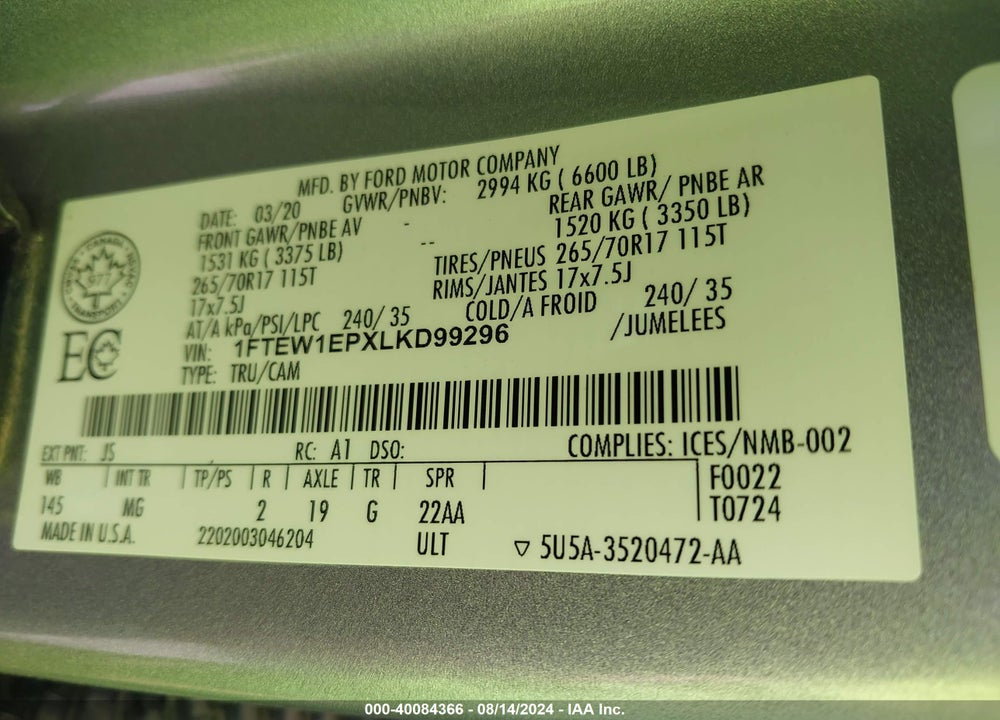 2020 FORD F-150 XLT VIN: 1FTEW1EPXLKD99296