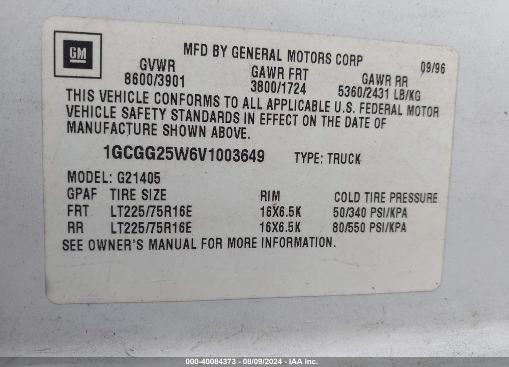 1997 CHEVROLET CHEVY VAN VIN: 1GCGG25W6V1003649