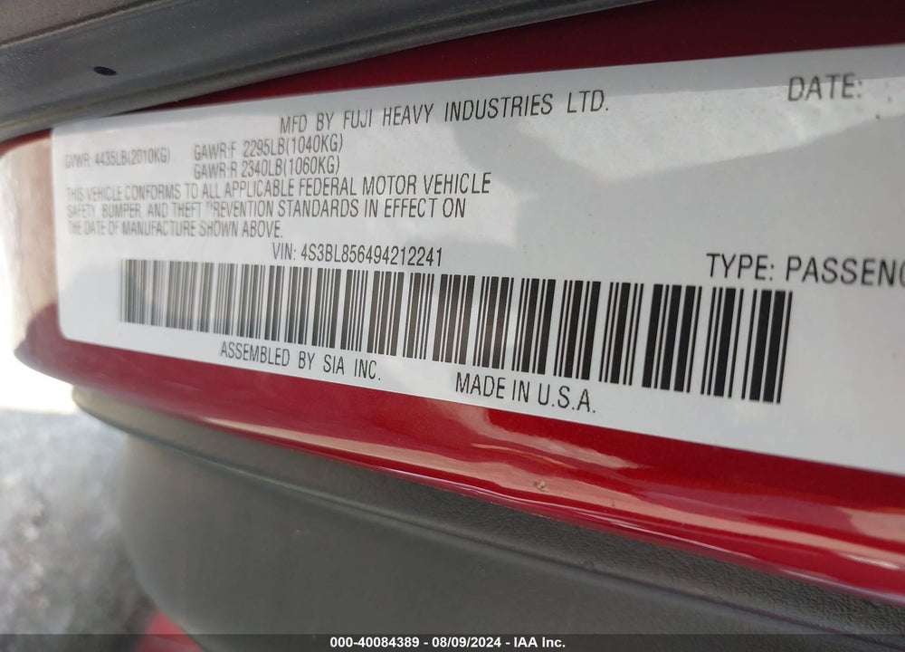 2009 SUBARU LEGACY 3.0R LIMITED VIN: 4S3BL856494212241