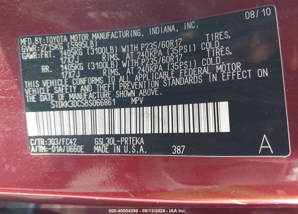 2011 TOYOTA SIENNA LE V6 VIN: 5TDKK3DC5BS066861