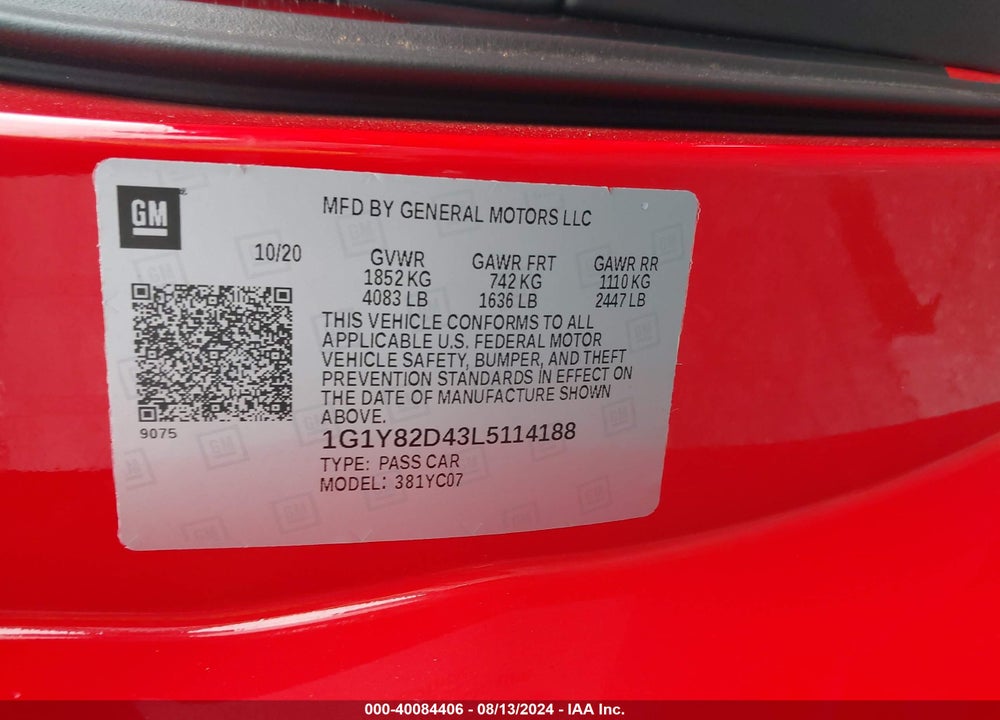 2020 CHEVROLET CORVETTE STINGRAY 3LT VIN: 1G1Y82D43L5114188