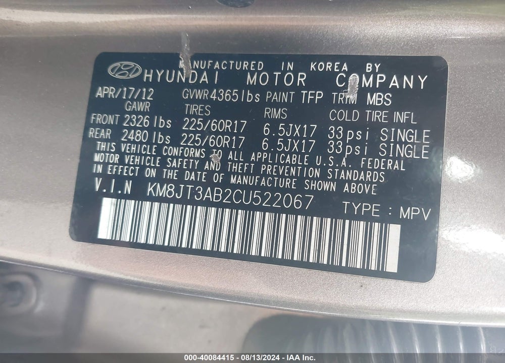 2012 HYUNDAI TUCSON GL VIN: KM8JT3AB2CU522067