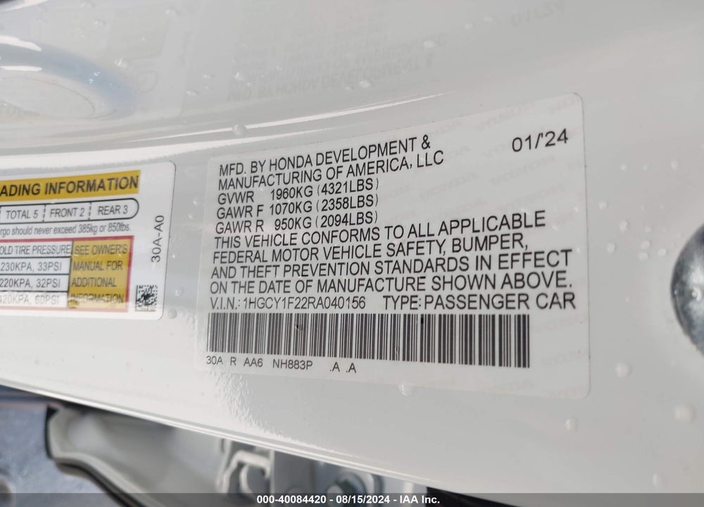 2024 HONDA ACCORD LX VIN: 1HGCY1F22RA040156