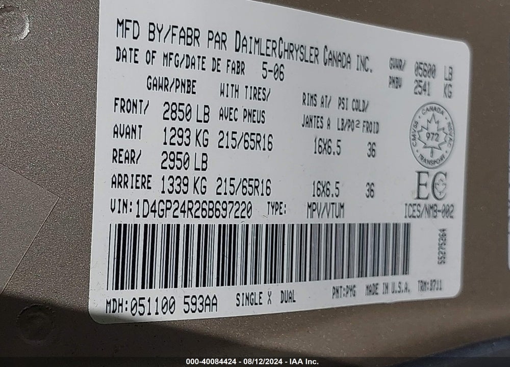 2006 DODGE GRAND CARAVAN VIN: 1D4GP24R26B697220