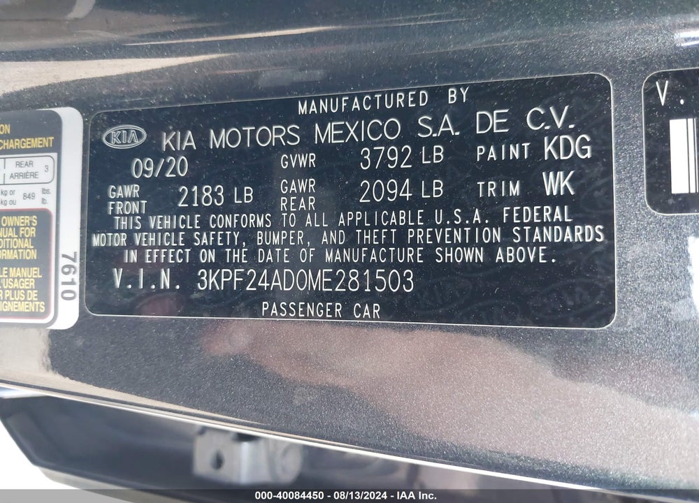 2021 KIA FORTE LXS VIN: 3KPF24AD0ME281503
