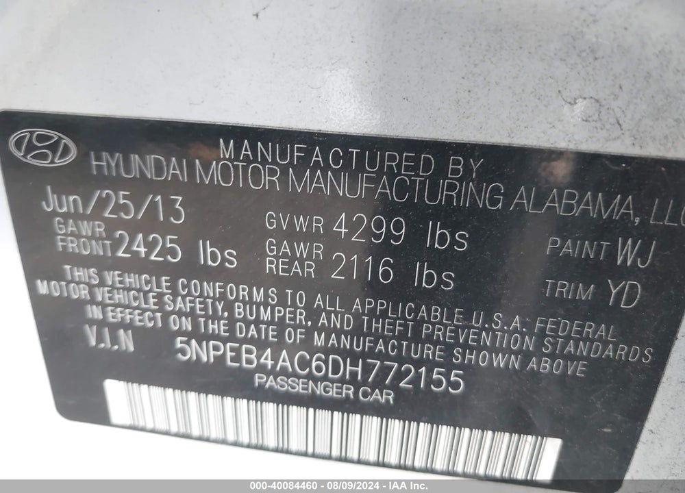 2013 HYUNDAI SONATA GLS VIN: 5NPEB4AC6DH772155