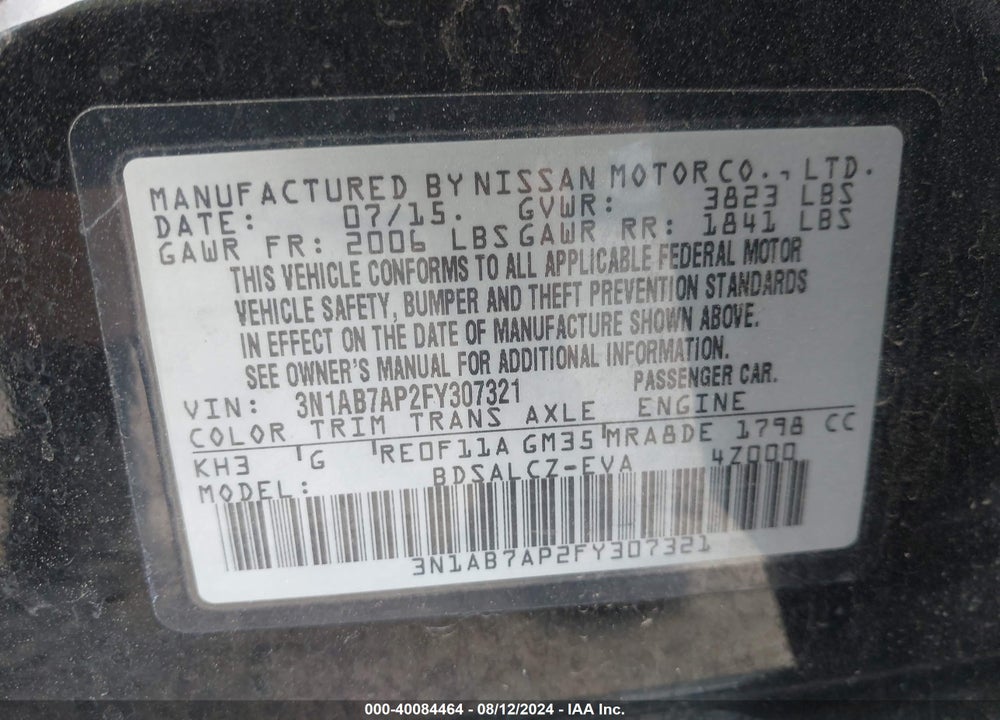 2015 NISSAN SENTRA S VIN: 3N1AB7AP2FY307321