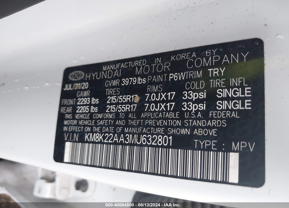 2021 HYUNDAI KONA SEL VIN: KM8K22AA3MU632801