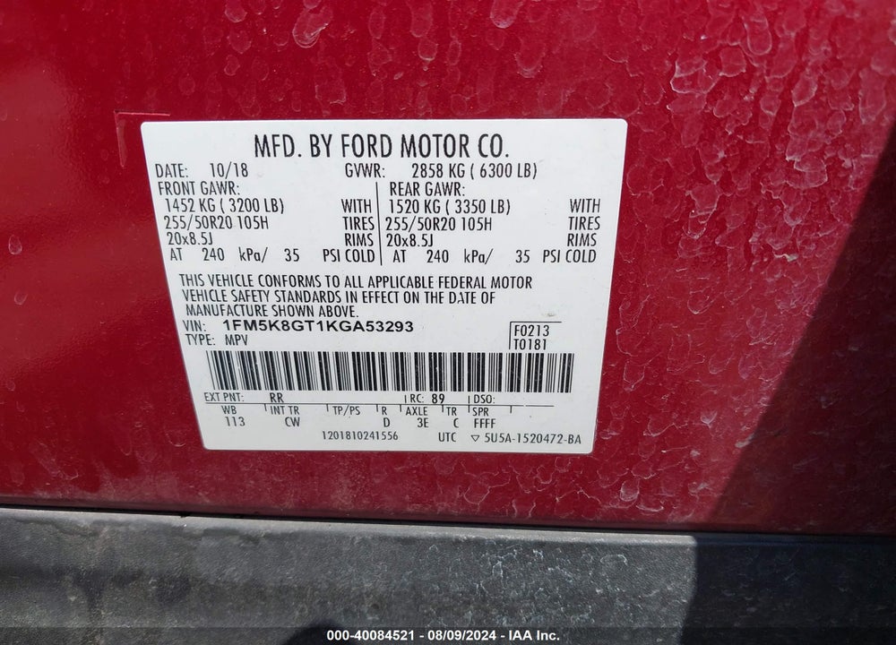 2019 FORD EXPLORER SPORT VIN: 1FM5K8GT1KGA53293