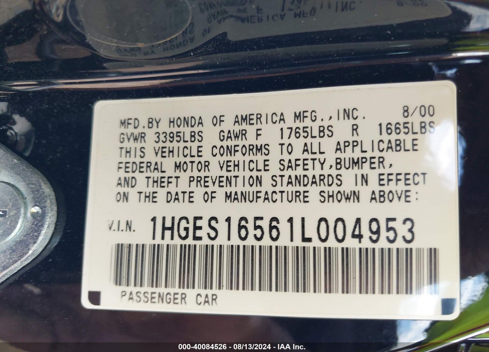 2001 HONDA CIVIC LX VIN: 1HGES16561L004953
