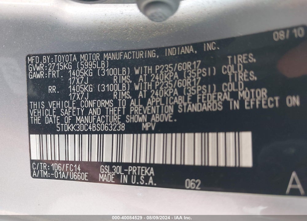 2011 TOYOTA SIENNA LE V6 VIN: 5TDKK3DC4BS063238
