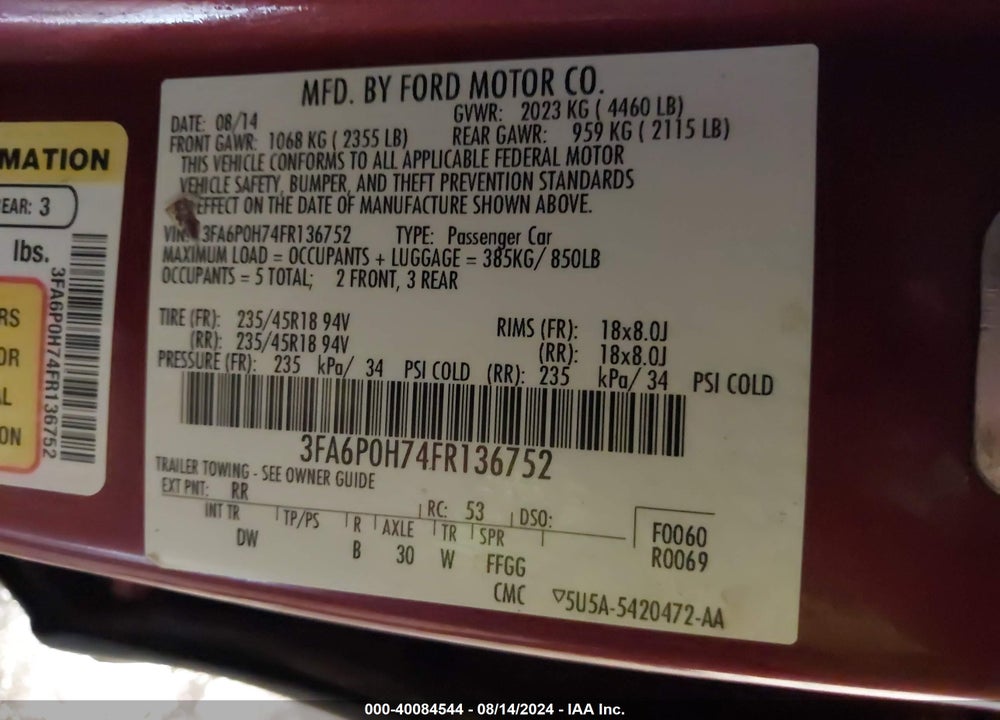 2015 FORD FUSION SE VIN: 3FA6P0H74FR136752