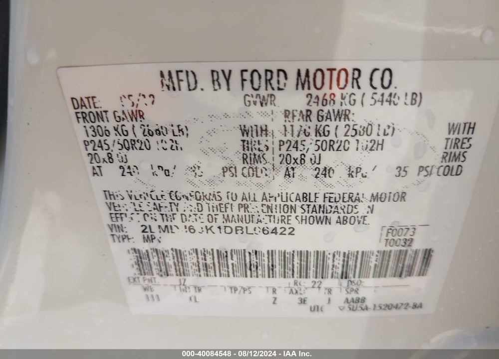 2013 LINCOLN MKX VIN: 2LMDJ6JK1DBL06422
