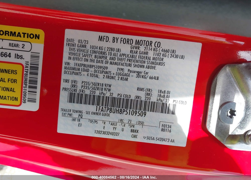 2023 FORD MUSTANG ECOBOOST PREMIUM VIN: 1FATP8UH8P5109509