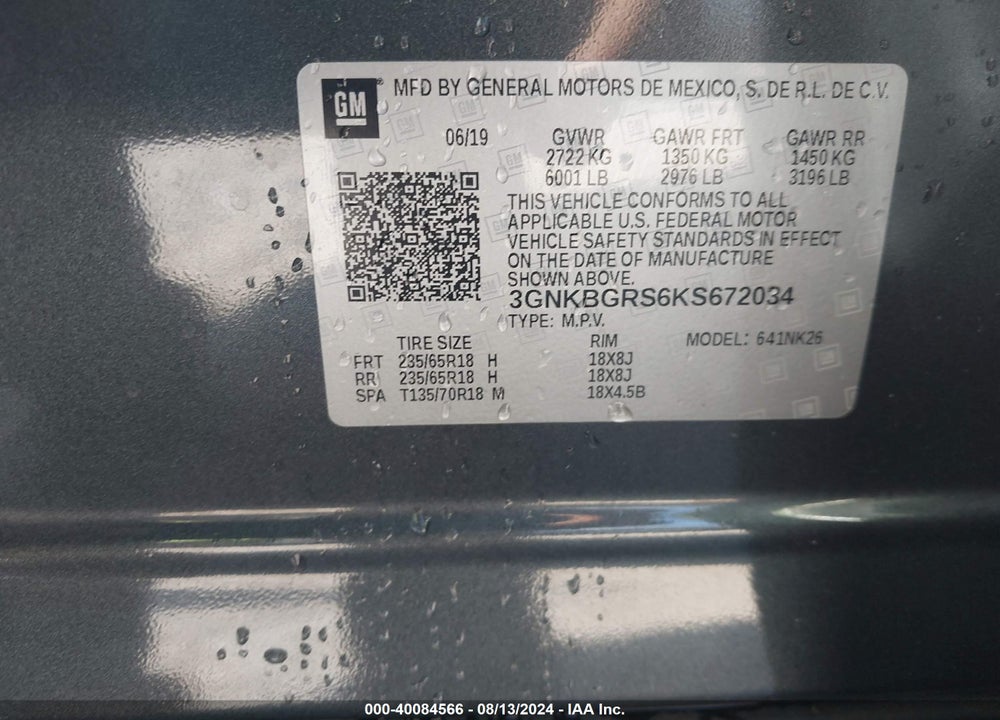2019 CHEVROLET BLAZER VIN: 3GNKBGRS6KS672034