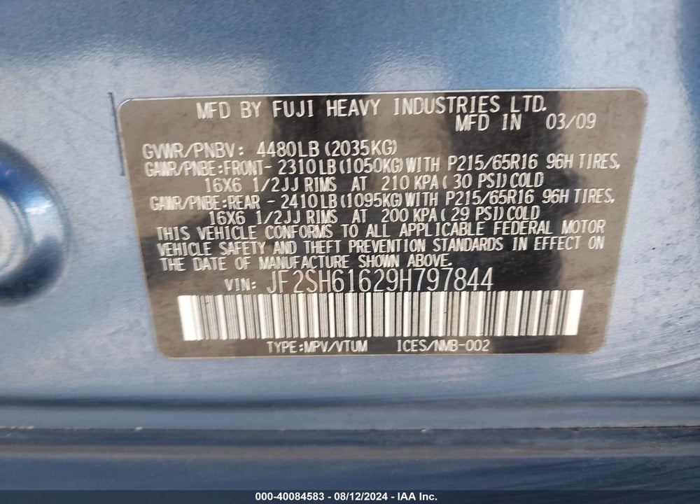 2009 SUBARU FORESTER 2.5X VIN: JF2SH61629H797844