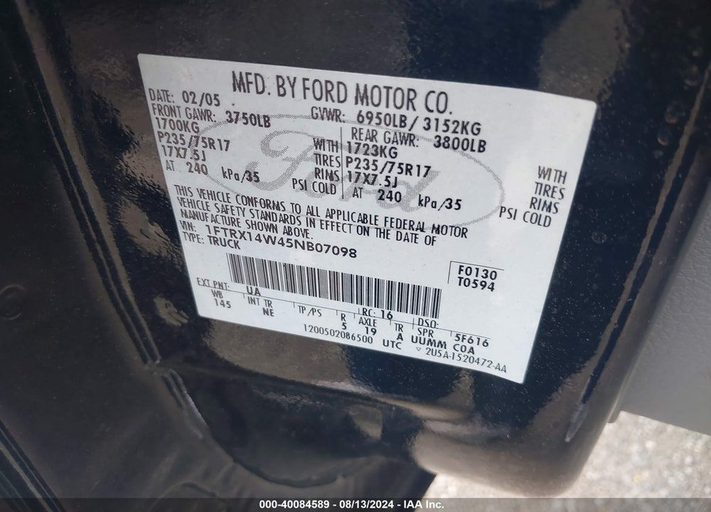 2005 FORD F-150 STX/XL/XLT VIN: 1FTRX14W45NB07098
