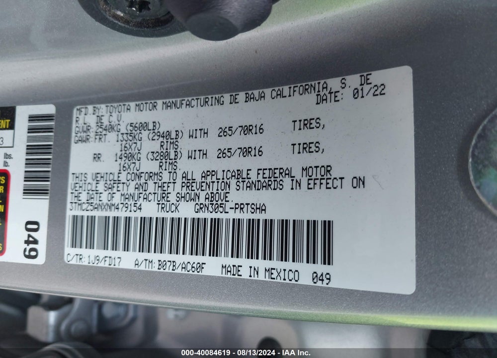 2022 TOYOTA TACOMA TRD OFF ROAD VIN: 3TMCZ5ANXNM479154