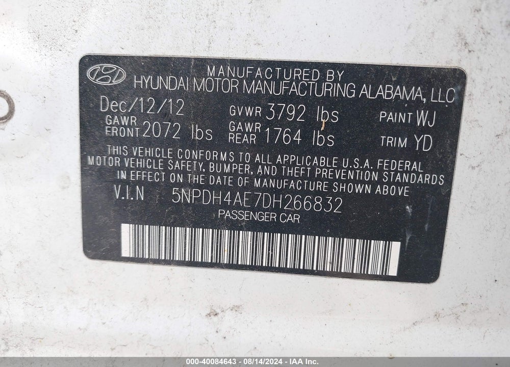 2013 HYUNDAI ELANTRA GLS VIN: 5NPDH4AE7DH266832