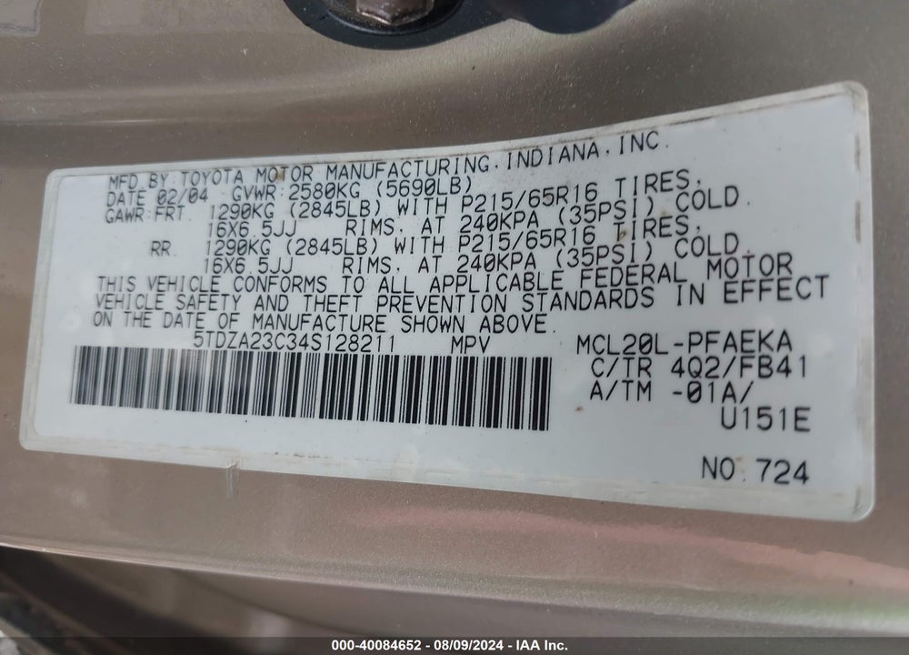 2004 TOYOTA SIENNA LE VIN: 5TDZA23C34S128211
