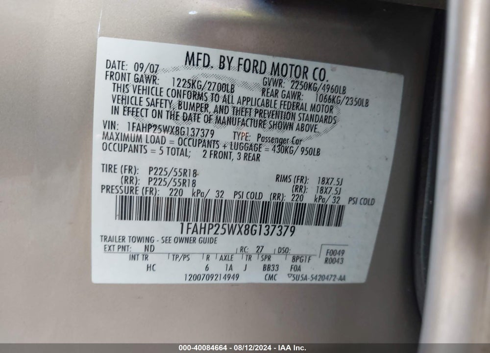 2008 FORD TAURUS LIMITED VIN: 1FAHP25WX8G137379