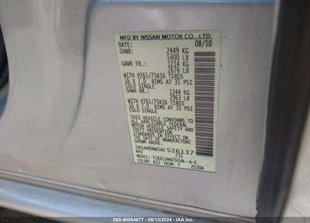 2010 NISSAN XTERRA OFF ROAD VIN: 5N1AN0NW5AC526137