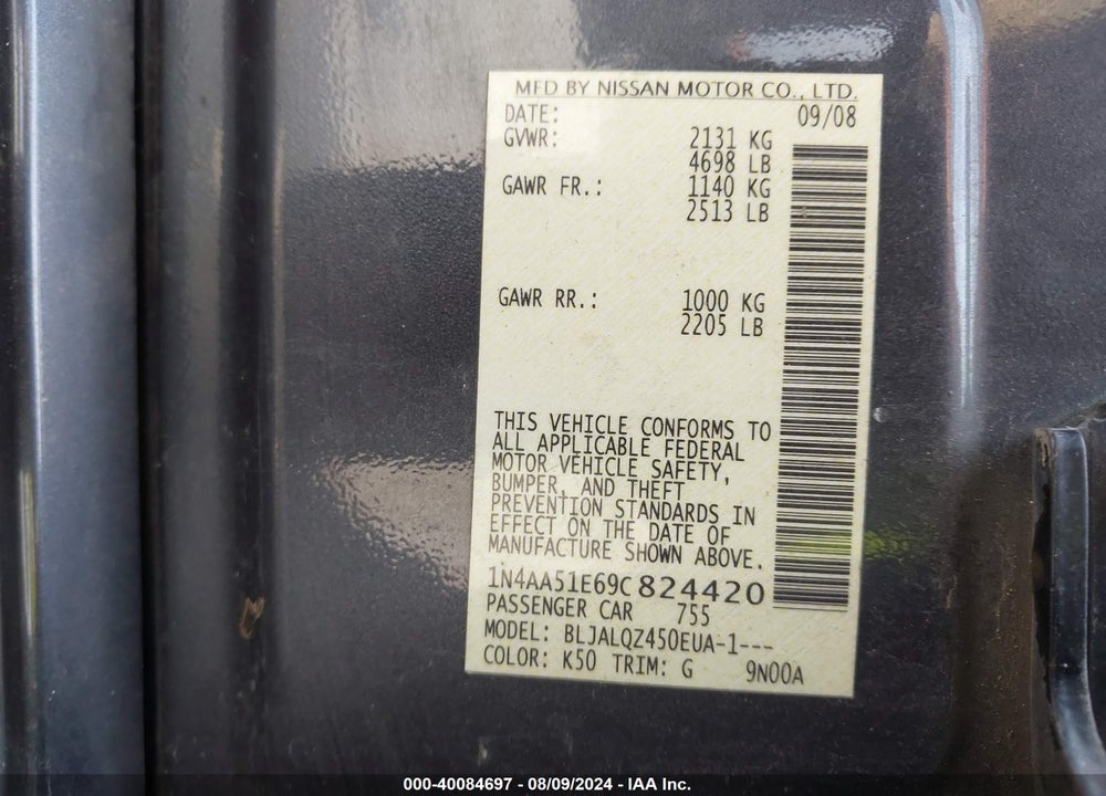 2009 NISSAN MAXIMA VIN: 1N4AA51E69C824420