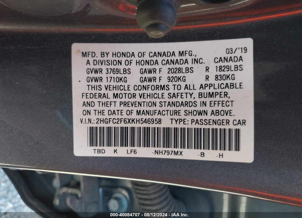 2019 HONDA CIVIC LX VIN: 2HGFC2F6XKH546958