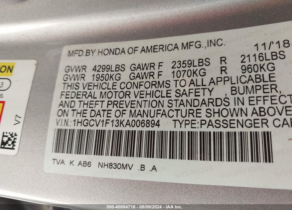 2019 HONDA ACCORD LX VIN: 1HGCV1F13KA006894