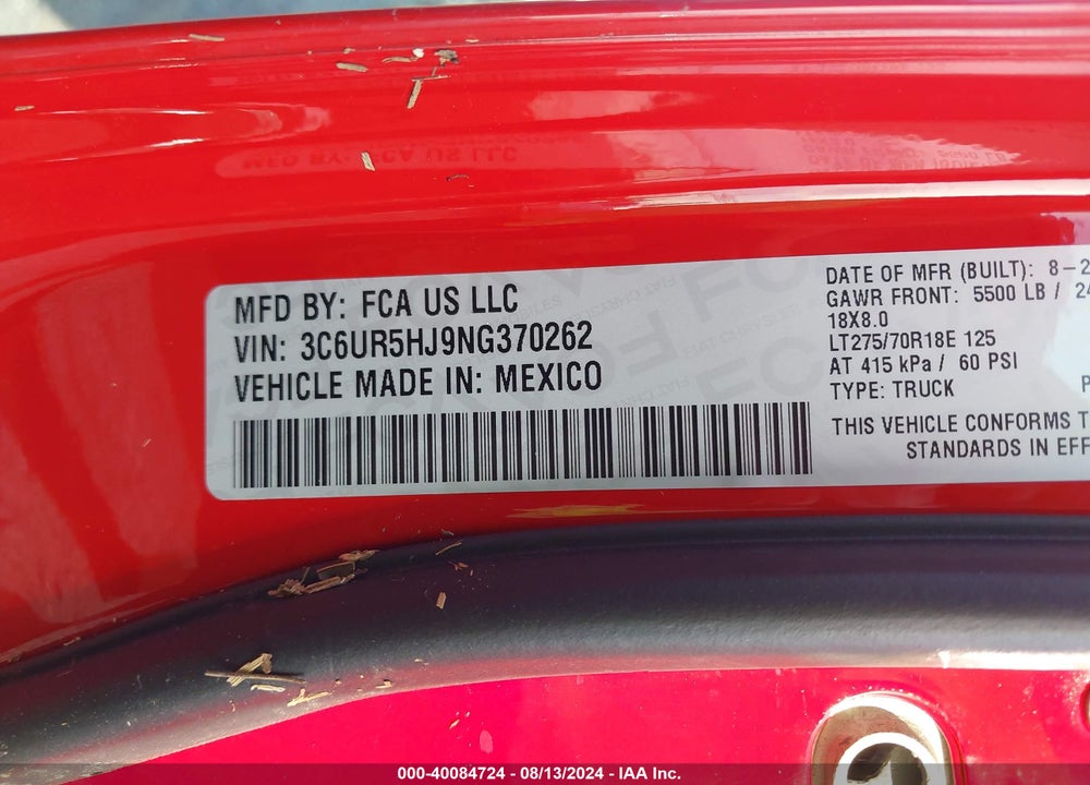 2022 RAM 2500 VIN: 3C6UR5HJ9NG370262