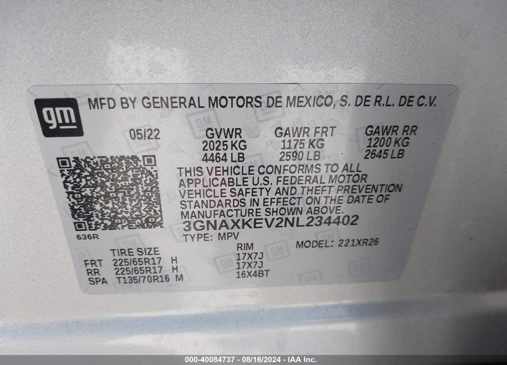 2022 CHEVROLET EQUINOX FWD LT VIN: 3GNAXKEV2NL234402
