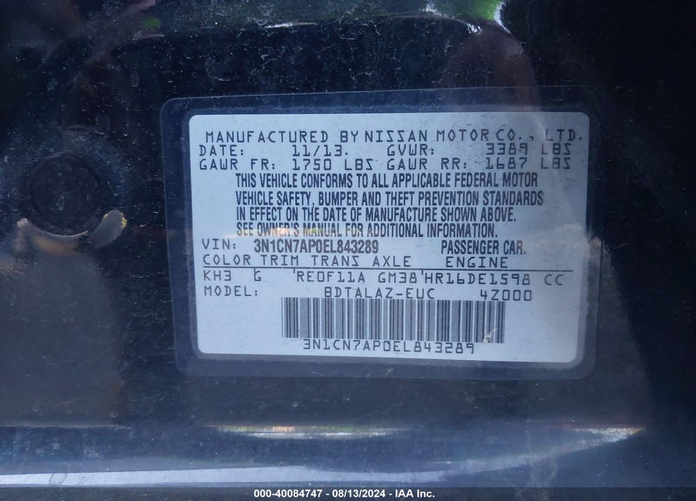 2014 NISSAN VERSA 1.6 S+ VIN: 3N1CN7AP0EL843289